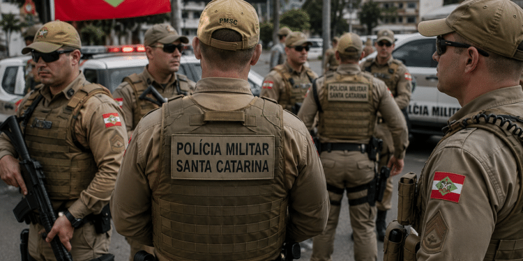 Policiais militares de Santa Catarina com coletes táticos cor cáqui e bonés em formação ao ar livre.