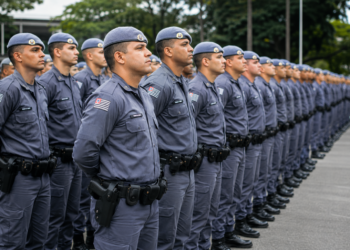 Soldados da Polícia Militar de SP enfileirados com uniformes azuis e boinas durante cerimônia de formatura.
