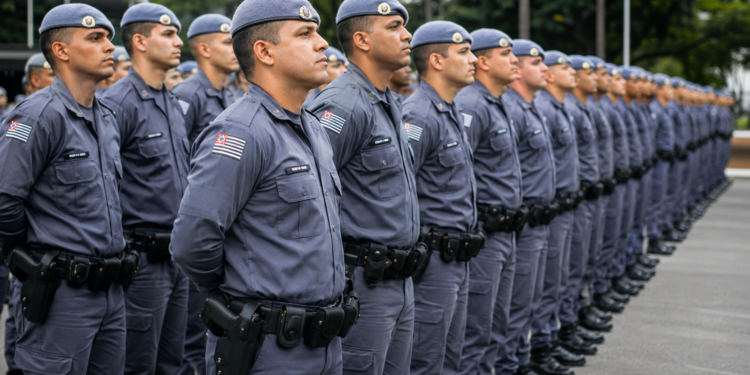 Soldados da Polícia Militar de SP enfileirados com uniformes azuis e boinas durante cerimônia de formatura.