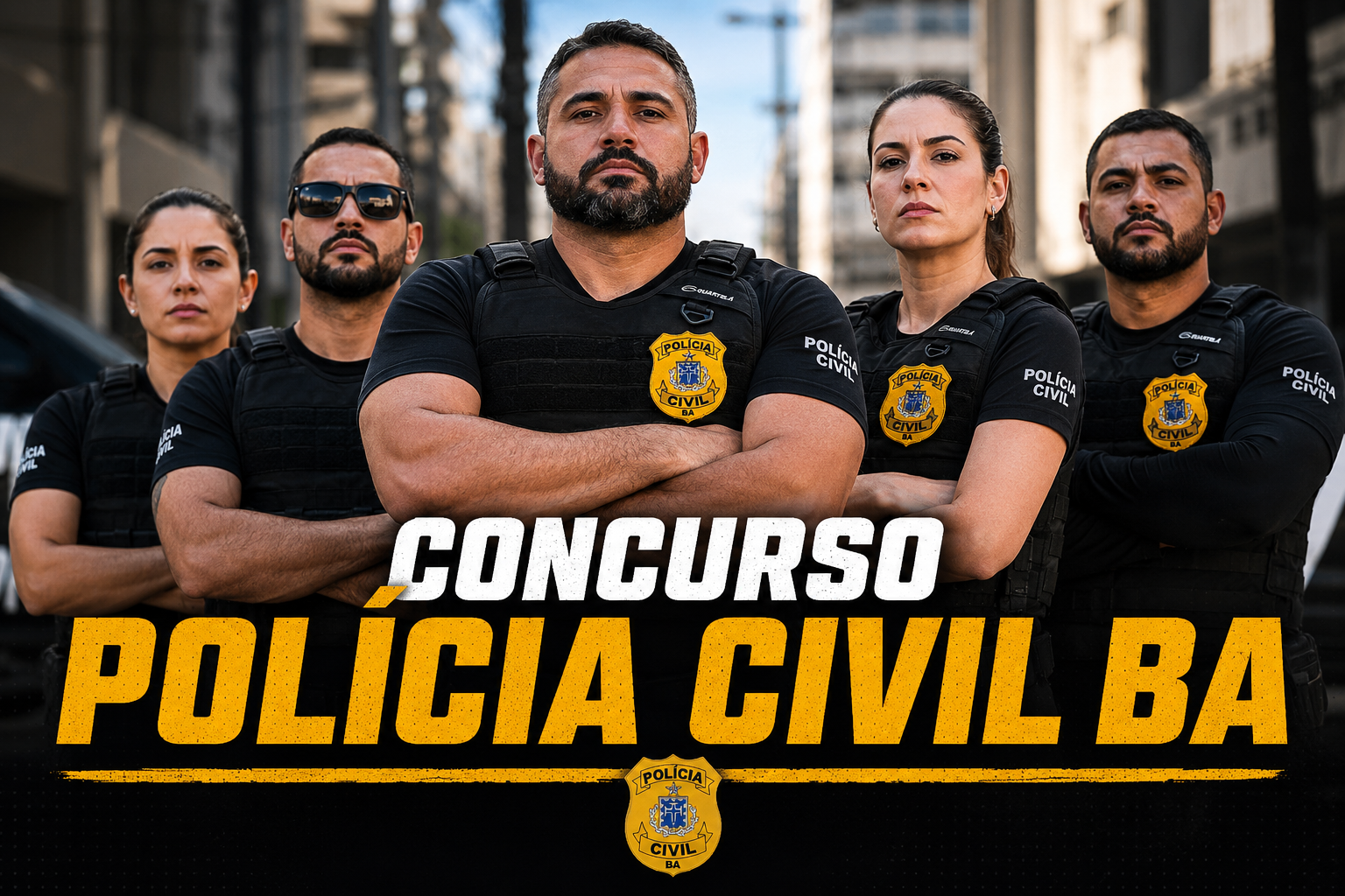 Cinco policiais civis da Bahia com uniformes pretos e brasões dourados em pose de braços cruzados.