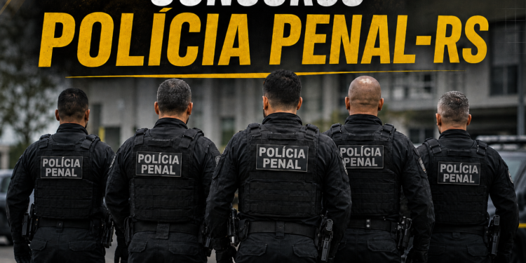 Cinco agentes da Polícia Penal do RS de costas, uniformizados de preto com coletes e inscrição "Polícia Penal"