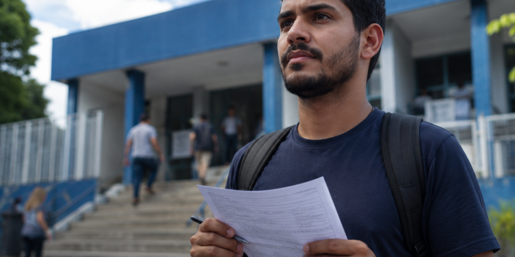 Jovem de camiseta azul-marinho segura formulário e caneta frente a escadaria de prédio público azul.