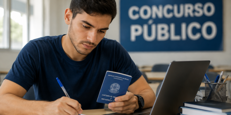 Jovem de camiseta azul preenche formulário segurando Carteira de Trabalho, com laptop e placa Concurso Público ao fundo.