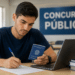 Jovem de camiseta azul preenche formulário segurando Carteira de Trabalho, com laptop e placa Concurso Público ao fundo.
