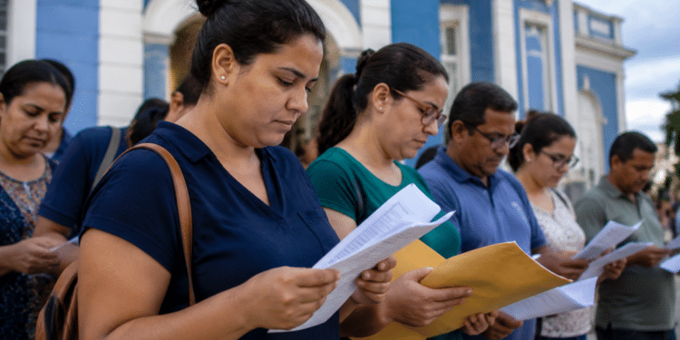 Grupo de pessoas lendo folhas e envelopes amarelos em fila externa junto a prédio colonial azul e branco.