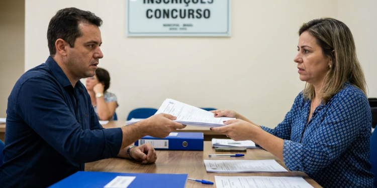 Homem de camisa azul entrega papéis a funcionária em setor de inscrições de concurso de prefeitura