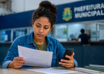 Mulher de cabelos cacheados com jaqueta jeans analisa documento segurando celular em balcão de Prefeitura Municipal.