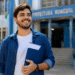 Jovem brasileiro de camisa jeans azul segura pasta azul marinho sorrindo em frente ao prédio da Prefeitura Municipal.