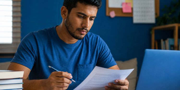 Homem jovem de camiseta azul analisa documento com caneta na mão, ao lado de notebook e livros empilhados.