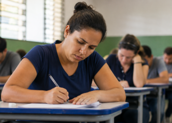Mulher de coque alto e camiseta azul-marinho escreve em folha de papel durante prova em sala com parede verde.