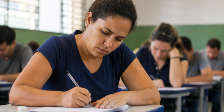 Mulher de coque alto e camiseta azul-marinho escreve em folha de papel durante prova em sala com parede verde.