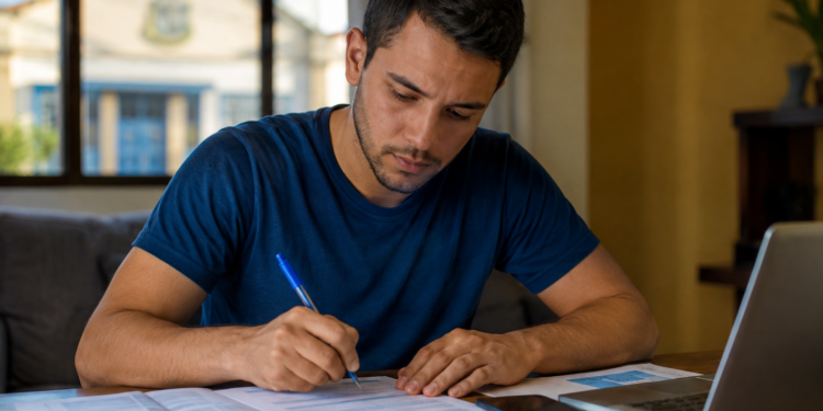 Homem de camiseta azul escrevendo com caneta em documentos ao lado de notebook e celular em mesa de madeira.