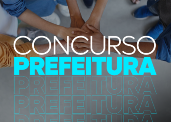 Mãos de diversas pessoas empilhadas ao centro formando gesto de união com texto "Concurso Prefeitura"