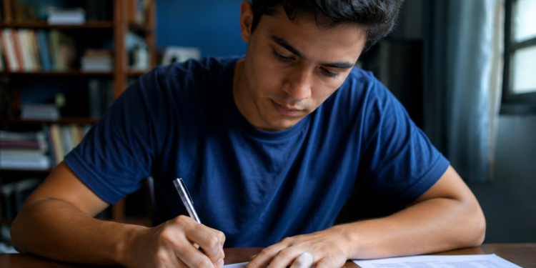 Rapaz de camiseta azul escreve em documento com caneta prateada sobre mesa de madeira, estante de livros ao fundo.