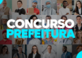 Montagem com 21 profissionais de diversas áreas e texto "Concurso Prefeitura" em branco e azul.