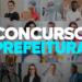 Montagem com 21 profissionais de diversas áreas e texto "Concurso Prefeitura" em branco e azul.