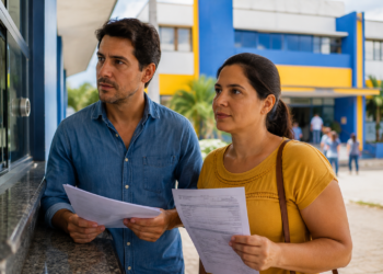 Homem e mulher segurando papéis frente a guichê de atendimento em prédio azul e amarelo com coqueiros ao fundo.