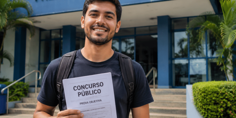 Jovem brasileiro com mochila segura caderno de prova objetiva de concurso público diante de prédio da Prefeitura Municipal.