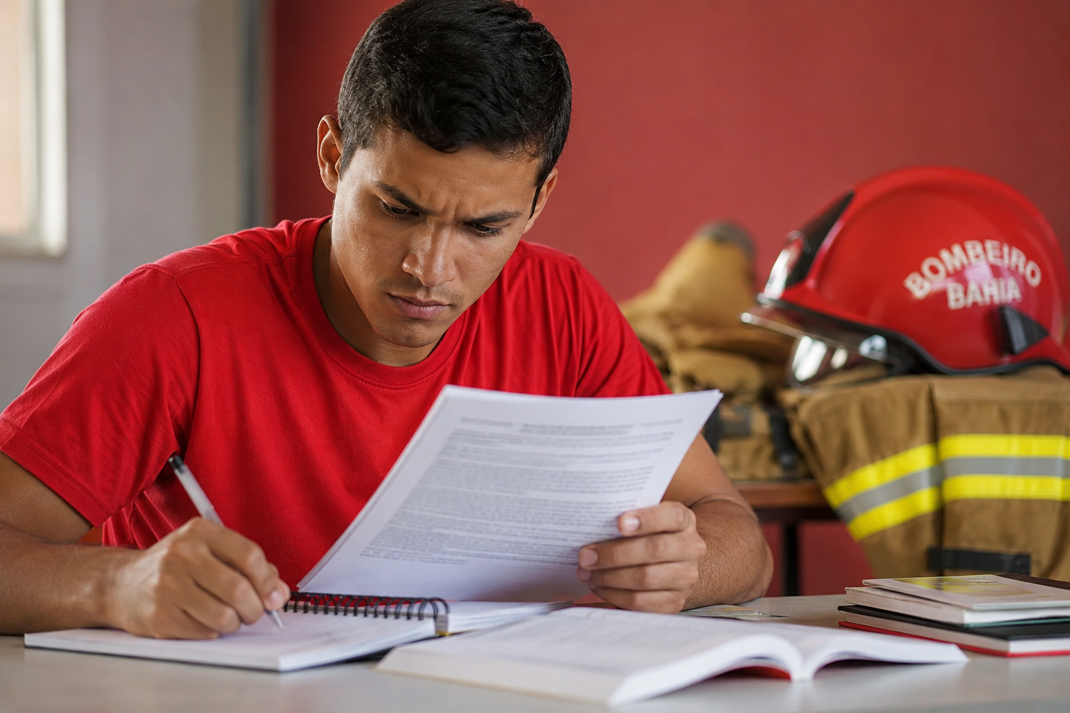 Jovem de camiseta vermelha estuda com documentos e livros ao lado de fardamento e capacete do Bombeiro Bahia.