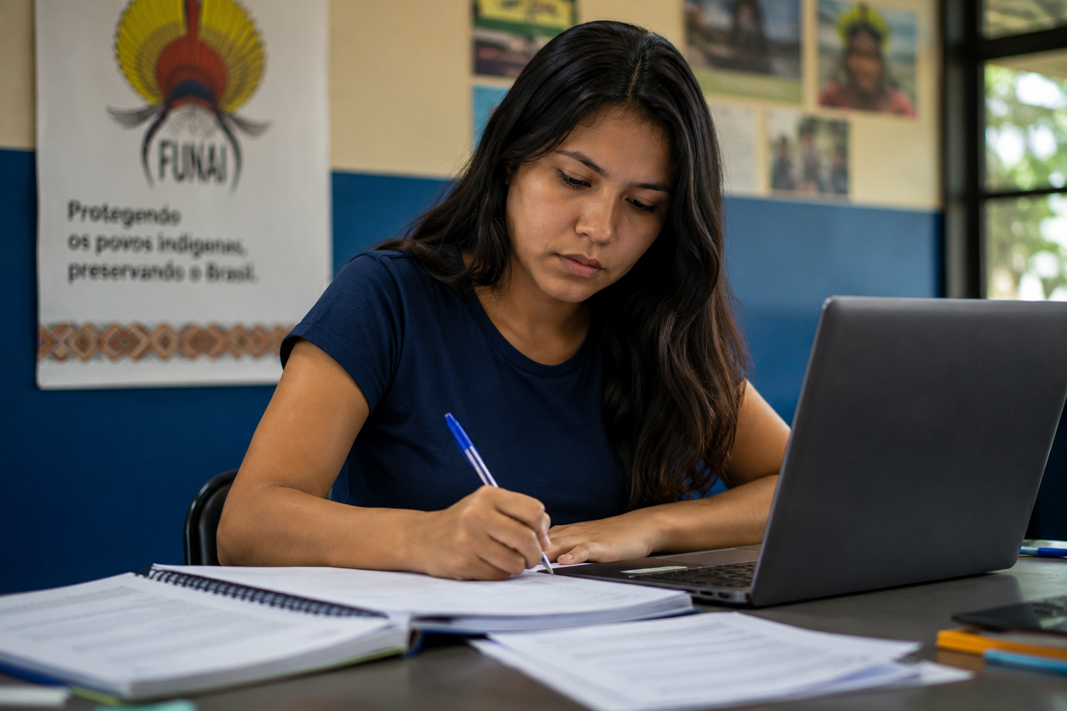 Mulher jovem de cabelos longos escrevendo em documentos em escritório da FUNAI com laptop cinza ao lado.