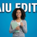 Estudante negra sorridente com cabelos cacheados segura caderno verde e caneta, com texto "SAIU EDITAL" ao fundo azul.