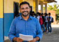 Professor de camisa azul segura folhas de papel enquanto sorri, com alunos uniformizados ao fundo em pátio escolar.