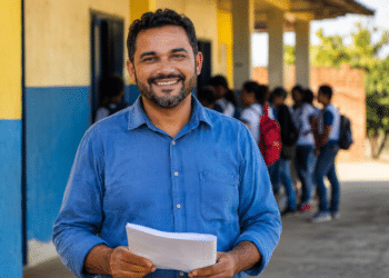 Professor de camisa azul segura folhas de papel enquanto sorri, com alunos uniformizados ao fundo em pátio escolar.