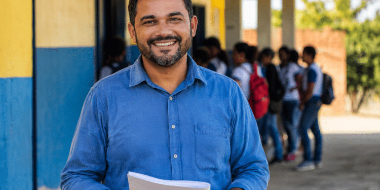 Professor de camisa azul segura folhas de papel enquanto sorri, com alunos uniformizados ao fundo em pátio escolar.