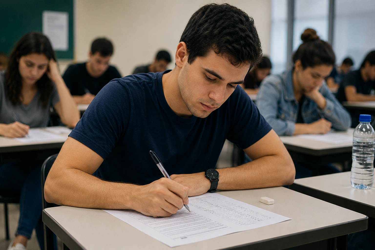 Jovem de camiseta azul-marinho escreve em folha de prova com caneta, garrafa de água ao lado, outros estudantes ao fundo.