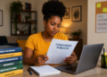 Mulher negra com camiseta amarela segura documento de Concursos Públicos, com livros e notebook na mesa.