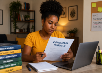 Mulher negra com camiseta amarela segura documento de Concursos Públicos, com livros e notebook na mesa.
