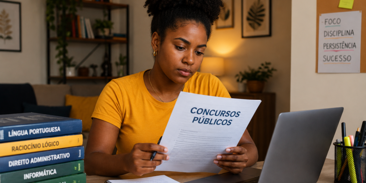 Mulher negra com camiseta amarela segura documento de Concursos Públicos, com livros e notebook na mesa.