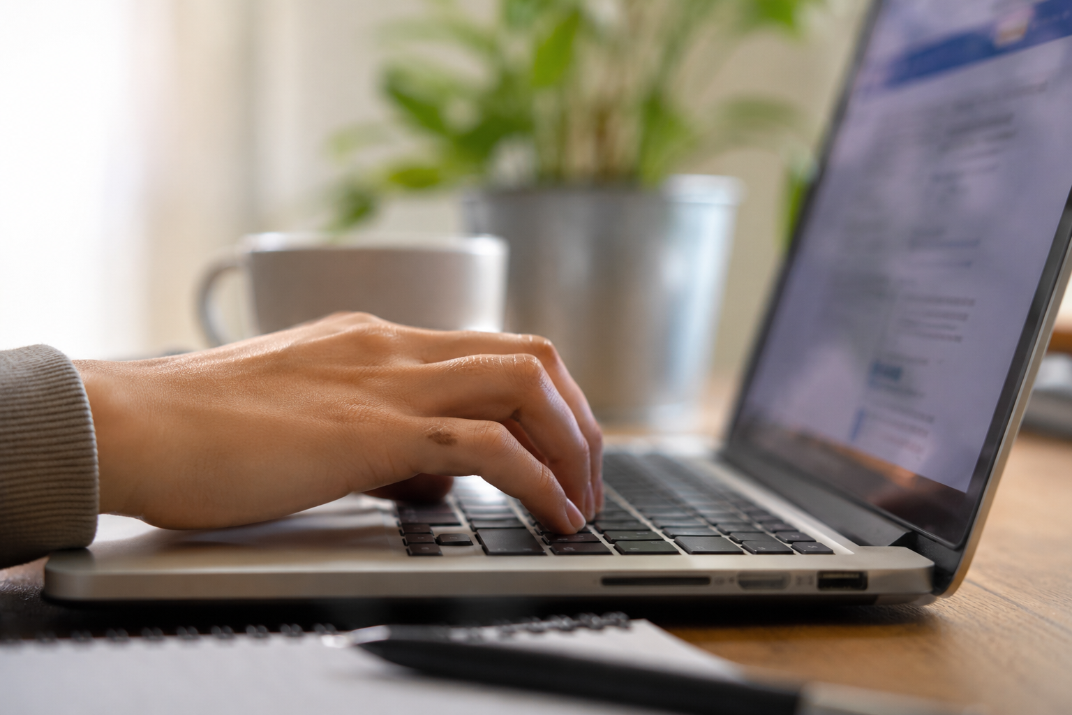 Mãos femininas com manga de tricô bege digitando em teclado de notebook prata sobre mesa de madeira.