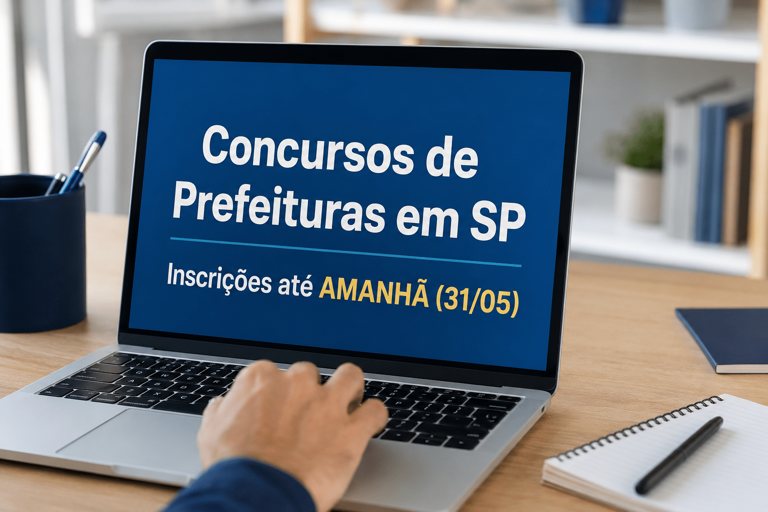 Notebook exibindo tela azul com texto "Concursos de Prefeituras em SP" e prazo de inscrições até 31/05, mãos digitando.