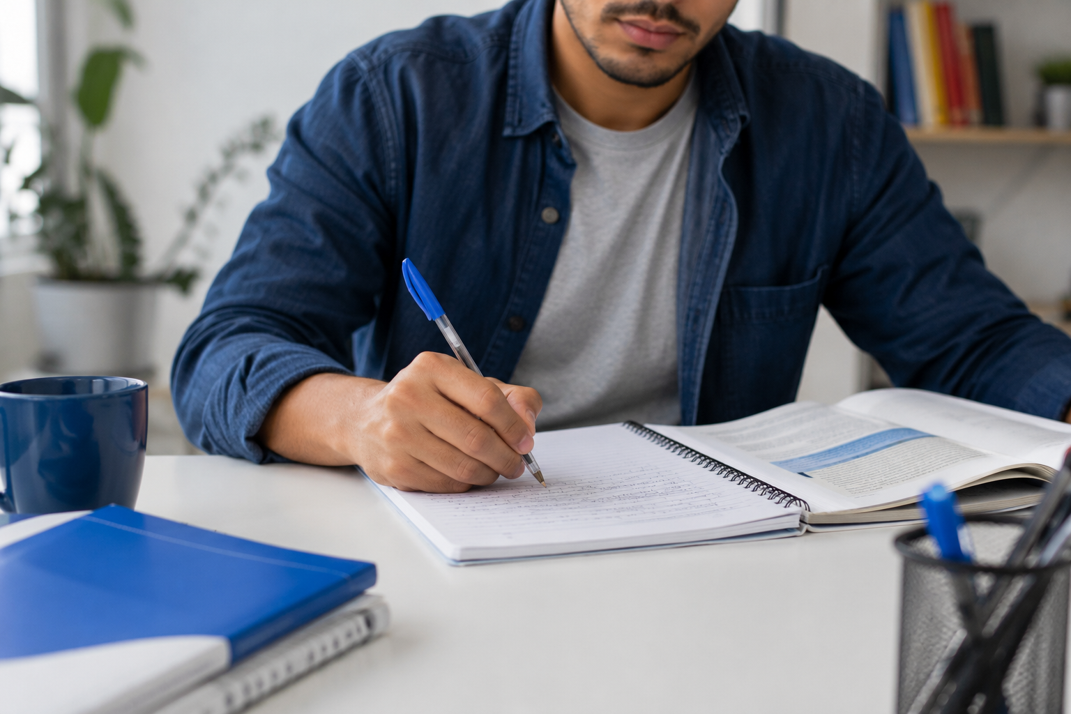 Homem de camisa jeans escreve em caderno com caneta azul, livro aberto e caneca sobre mesa branca.