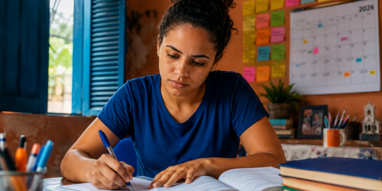 Mulher jovem de cabelos cacheados presos escreve em caderno com caneta azul, livros empilhados e calendário 2026 ao fundo.
