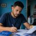 Homem de camiseta azul escreve em documentos com caneta, carteira de trabalho azul da Previdência Social visível.