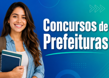 Jovem com livros e mochila sorri ao lado do texto "Concursos de Prefeituras" em fundo azul-verde degradê.