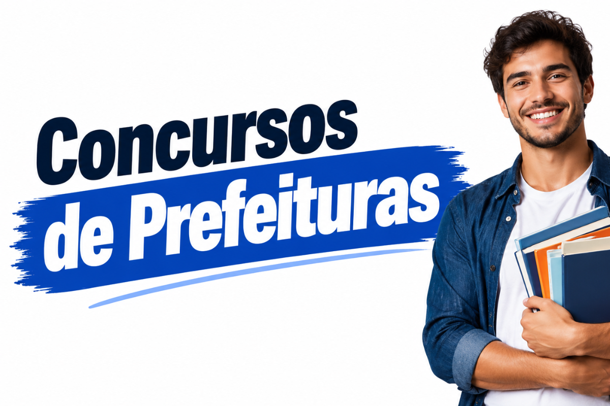 Jovem sorridente de camisa jeans azul segurando pastas coloridas ao lado do texto "Concursos de Prefeituras"