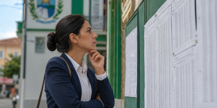 Mulher de blazer azul e camisa branca analisa lista de aprovados fixada em mural verde de prédio público.