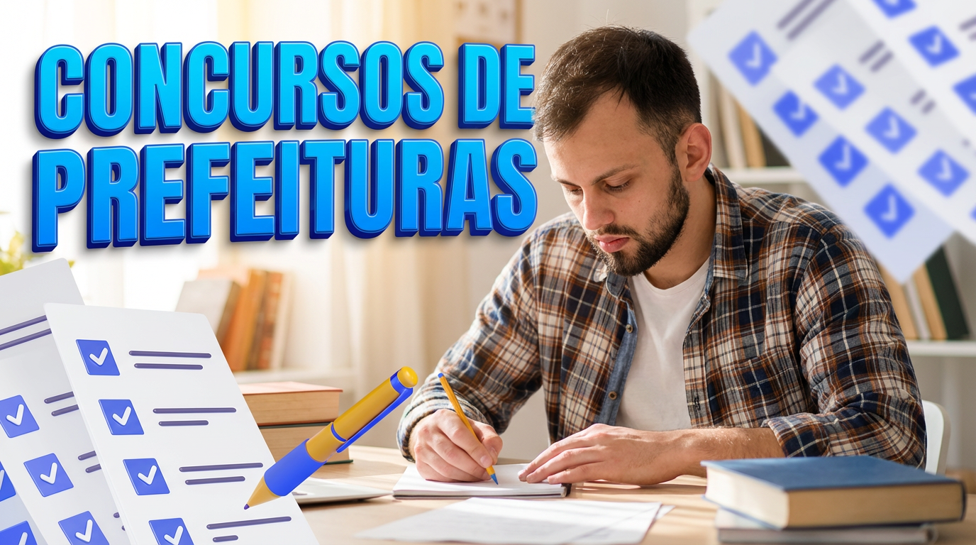 Homem de barba e camisa xadrez escreve em caderno estudando para concursos de prefeituras, com checklists ao redor.