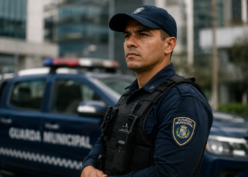 Agente da Guarda Municipal fardado de azul marinho com boné, colete tático e rádio comunicador, viatura ao fundo.