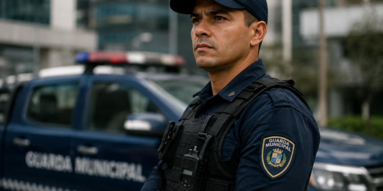 Agente da Guarda Municipal fardado de azul marinho com boné, colete tático e rádio comunicador, viatura ao fundo.