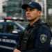 Agente da Guarda Municipal fardado de azul marinho com boné, colete tático e rádio comunicador, viatura ao fundo.