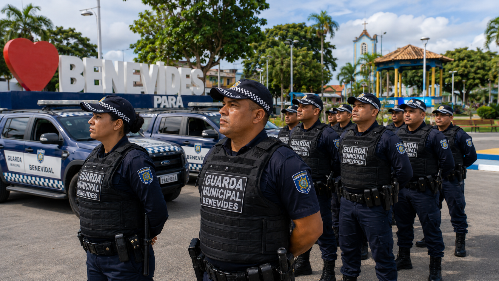 Agentes da Guarda Municipal de Benevides em fila com uniformes azuis e coletes na praça com letreiro "Eu ? Benevides".