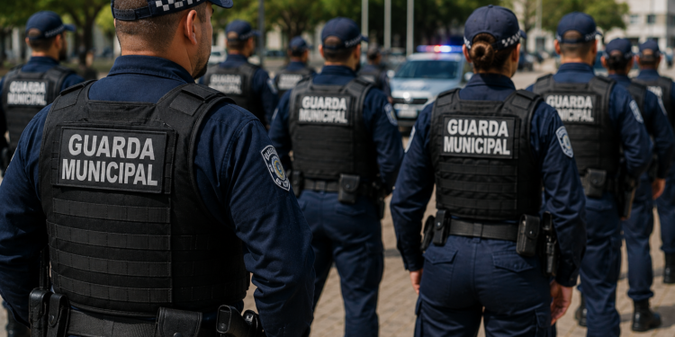 Guardas municipais de costas com coletes pretos e uniformes azul-marinho em formação, viatura policial ao fundo.