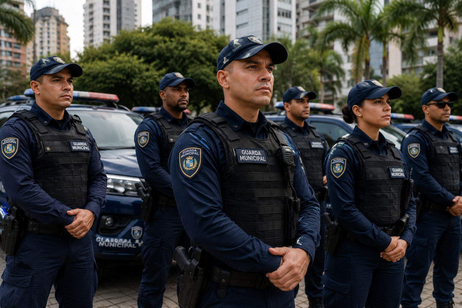 Guardas Municipais uniformizados com coletes balísticos azul-marinho perfilados frente a viaturas em área urbana.