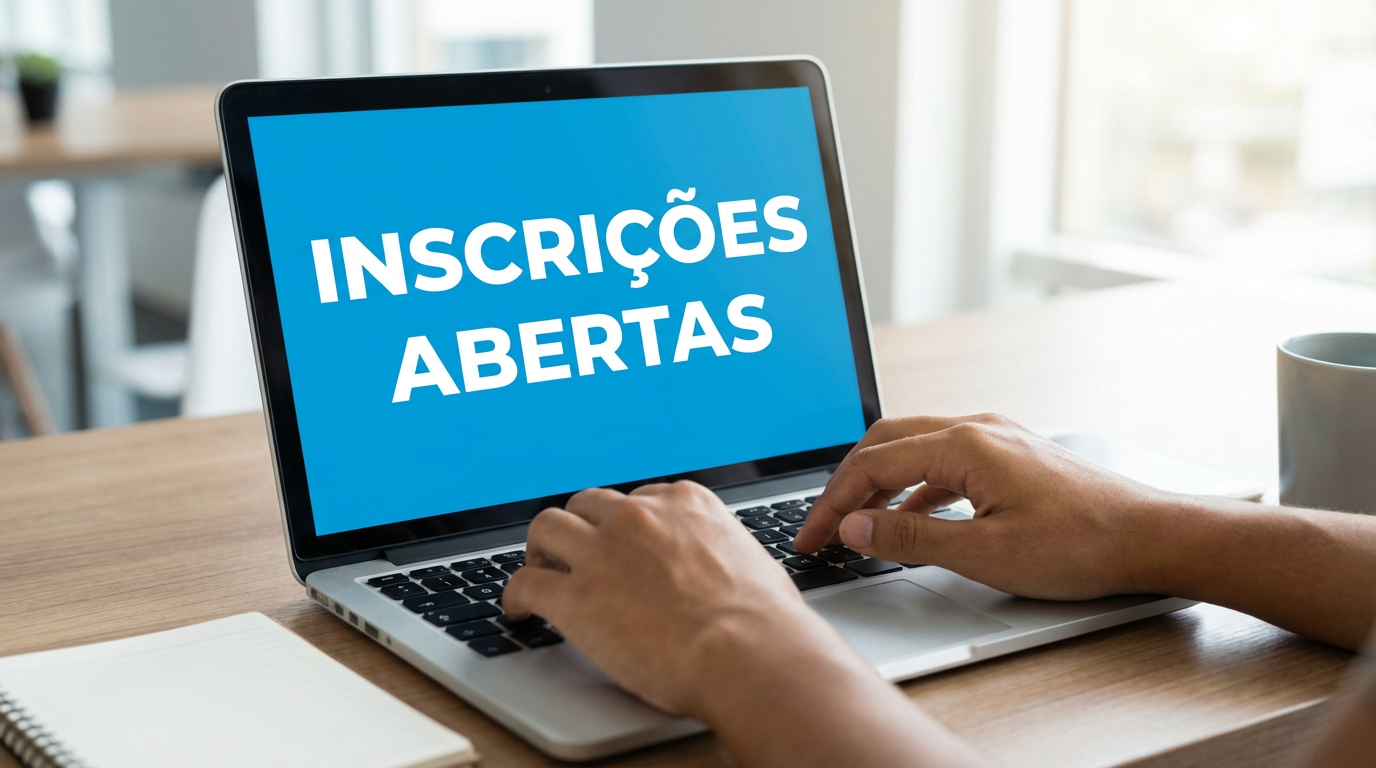 Mãos digitando em notebook prateado com tela azul exibindo "Inscrições Abertas" sobre mesa de madeira