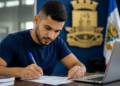 Jovem de camiseta azul-marinho escreve em documento com caneta azul, diante de notebook, em sala com brasão e bandeira de MG