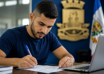 Jovem de camiseta azul-marinho escreve em documento com caneta azul, diante de notebook, em sala com brasão e bandeira de MG